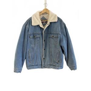 Vintage Maya Denim Trucker Jacket Mens Size M Medium Wash Blue Sherpa Lined
